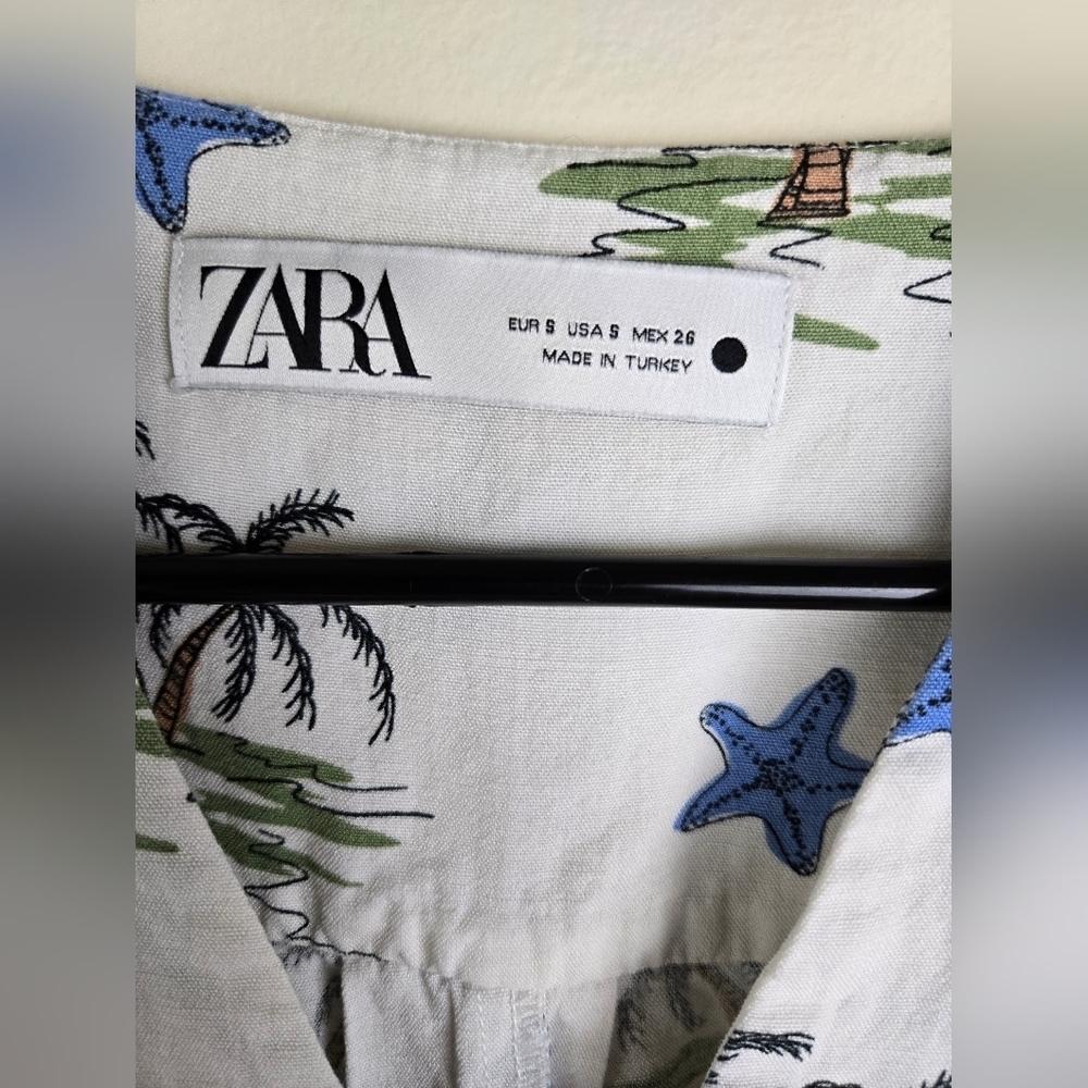 Zara White Midi Dress with Tropical Motif Size S - Picture 2 of 6